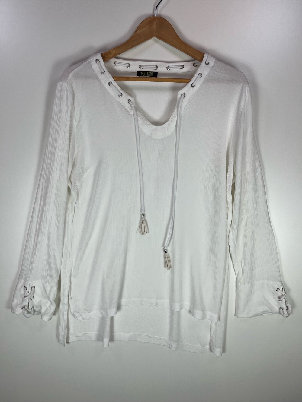 Dolcezza Gauzy Lace-Up V-Neck Tunic Top - White